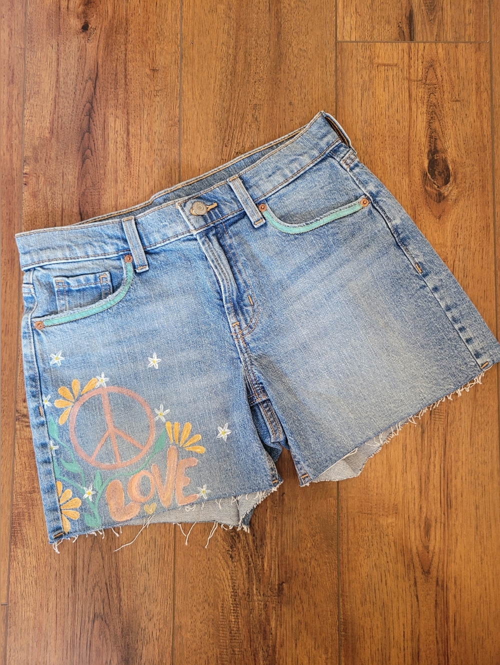 Old Navy Light Blue Denim Shorts with Hand Painted Peace Sign, Flowers Etc.